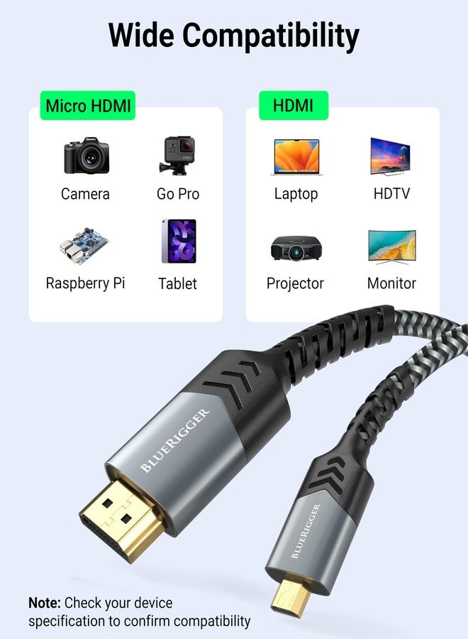 بلو ريجر كابل BlueRigger Micro HDMI إلى HDMI (طول 15 قدمًا، دقة 4K بمعدل 60 هرتز وتقنية HDR، ذكر إلى ذكر، ثلاثي الأبعاد، سلك مضفر بسرعة 18 جيجابت في الثانية، ARC) - متوافق مع GoPro Hero 7/6، وRaspberry Pi 4/5، وكاميرا Sony A6300/Retroid Pocket 3+ - Image 5